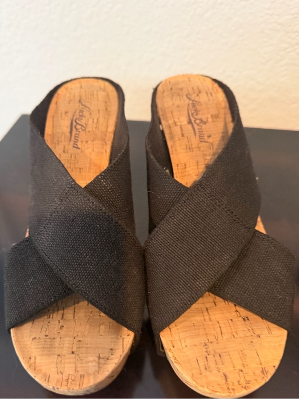 Women’s Lucky Brand Size 7.5 Black Crisscross Cork Wedge Platform Shoes